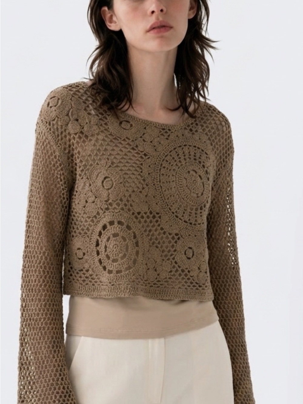 Kiss Crochet Long Sleeve Top in Taupe